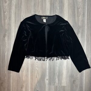 Vintage R&K Evening Black‎ Velour Cardigan with Beaded Tassel Trim Holiday 90s